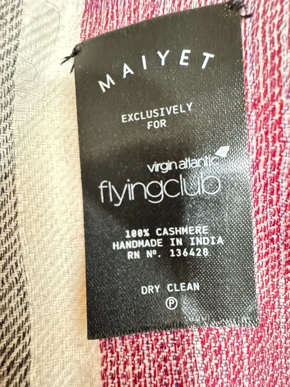 Maiyet Light Cream Scarf with Purple  Block 100 % cashmere virgin Atlantic flyi